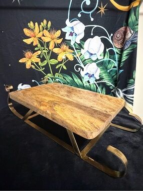 Natural Wood Serving Tray with Gold Metal Base